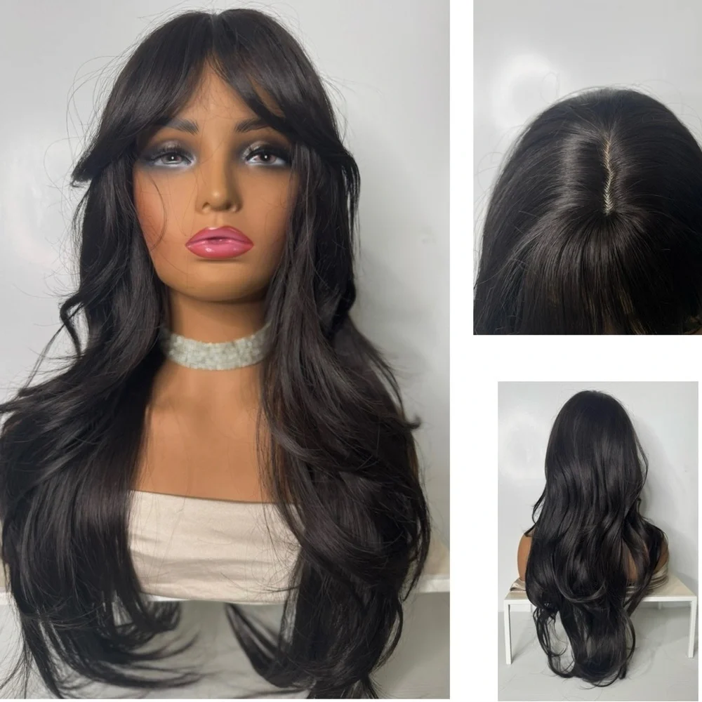 Long Black Layered Synthetic Wig – Natural Jet Black, Curtain Bangs